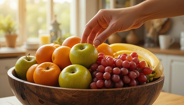 A close-up shot of a rustic wooden bowl overflowing with a colorful and vibrant assortment of fresh, whole fruits.