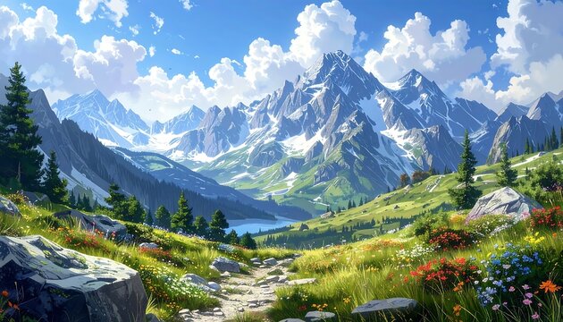 A vibrant scenic vista showcasing a lush meadow dotted with wildflowers, leading to a serene lake and majestic snow-capped mountains