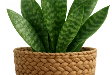 Sansevieria snake plant potted in a natural braided rope basket symbolizing home gardening, green growth, and indoor decoration