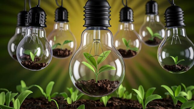 Light bulbs with small plants growing inside conceptual image for sustainability and green energy isolated on a green ba