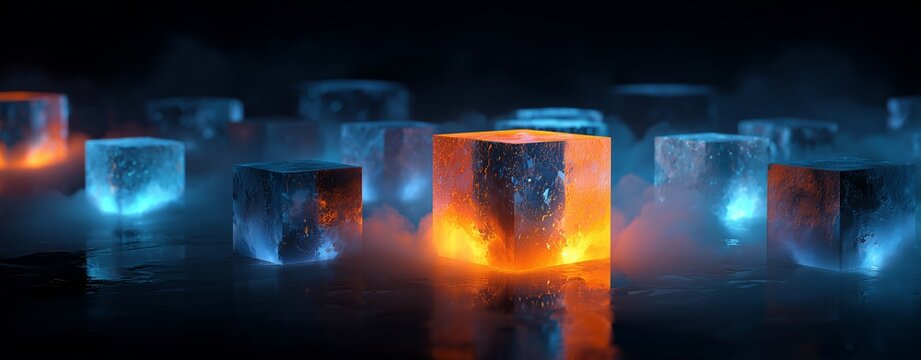Glowing Cubes: Abstract view of luminous cubes, emanating an inviting aura that stimulates feelings of innovation and modern technology.