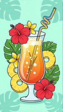 Animated tropical cocktail illustration with hibiscus flowers and pineapple slices. Cartoon summer drink with rising bubbles on a mint background. Exotic vacation beverage concept