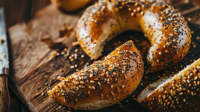 Freshly baked sesame seed-covered bagel on wooden board beside knife