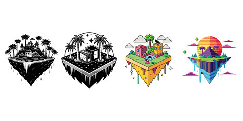 Vibrant pixel art floating islands with colorful buildings and tropical sunset landscapes isolated on transparent background isolated on white background silhouette