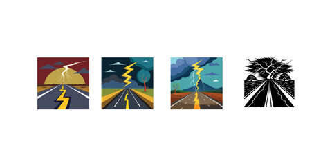 Three distinct storm scenes featuring lightning striking a road with dramatic skies and landscapes isolated on white background isolated on transparent background silhouette