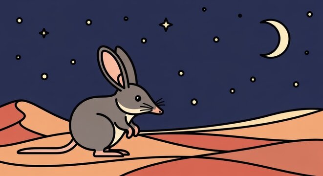 Cute bilby in desert night sky with stars and crescent moon