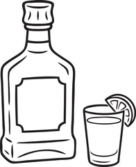 Tequila Bottle Outline with Shot Glass and Citrus Slice