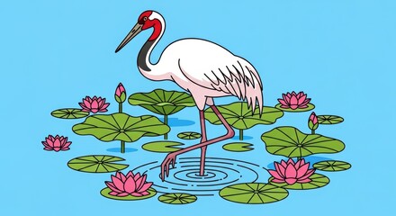 Naklejka premium Illustrated crane standing in pond with lotus flowers and lily pads against blue background