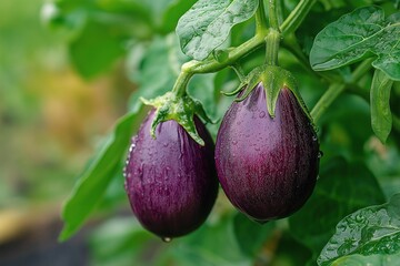 Eggplants purple eggplant colored vegetables hanging on the plant with green leaves and water droplets close up of two large dark purple eggplants on one branch.