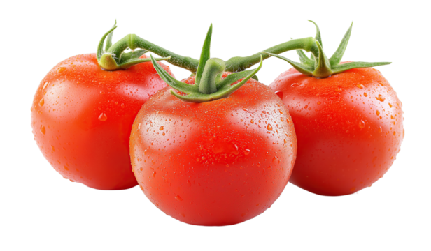 Three fresh tomatoes isolated on a transparent background with water droplets for healthy food and cooking ingredient concepts.