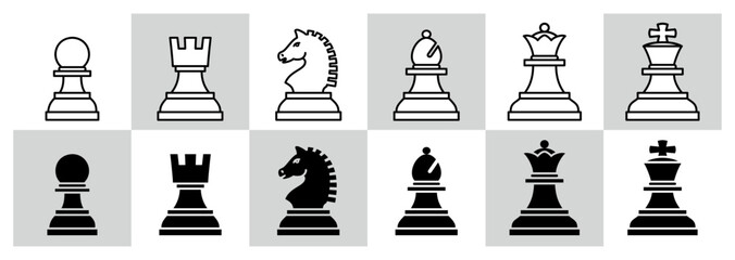 様々な形のチェスの駒のアイコンのベクターイラストのセット