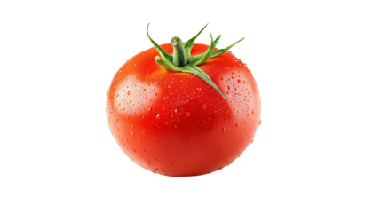 A fresh tomato with water droplets on it isolated on a transparent background for healthy food and cooking ingredient concepts.