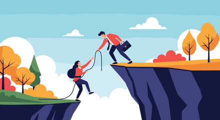 Businessman offering a helping hand with a rope to a woman climbing a cliff, illustrating professional support, mentorship, and collaborative problem-solving.