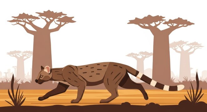 Cartoon malagasy fossa walking by baobab trees in madagascar landscape