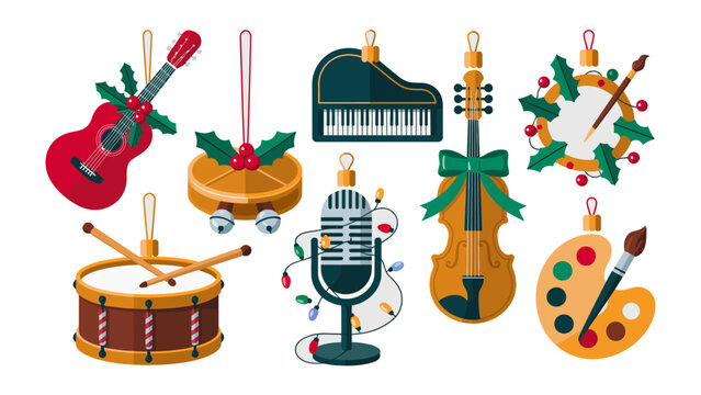 Christmas Ornament Collection: A vibrant ensemble of festive ornaments, each one intricately designed to represent diverse artistic expressions and musical instruments.