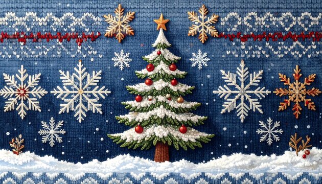 A festive illustration showcasing a central Christmas tree with ornaments, set against a knitted blue background with snowflakes and decorative elements