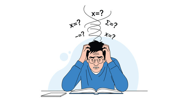 A stressed man with glasses holds his head in frustration while studying complex mathematical problems with equations swirling above him.
