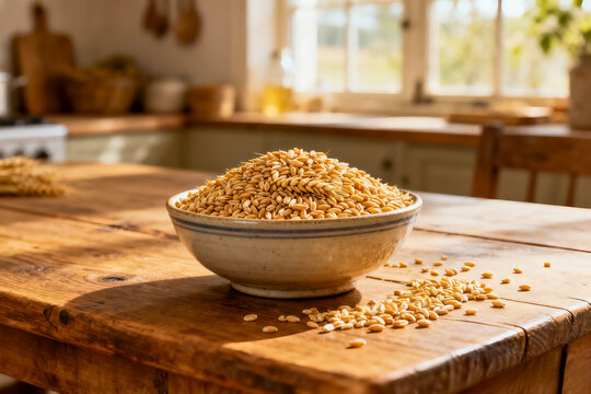 Wheat grain in a bowl on a wooden table at kitchen