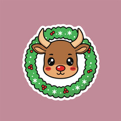 Cheerful Cartoon bulls Face with Wreath Illustration Sticker.eps