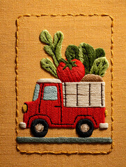 Red truck carrying fresh vegetables and produce in a rustic setting