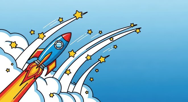 Colorful rocket launching into blue sky with stars and clouds