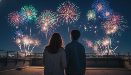 Silhouette of a couple watching a colorful fireworks display from a rooftop. Romantic New Year's Eve celebration concept.