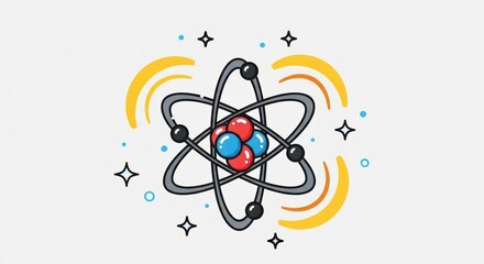 Colorful atomic structure illustration with orbits and symbols