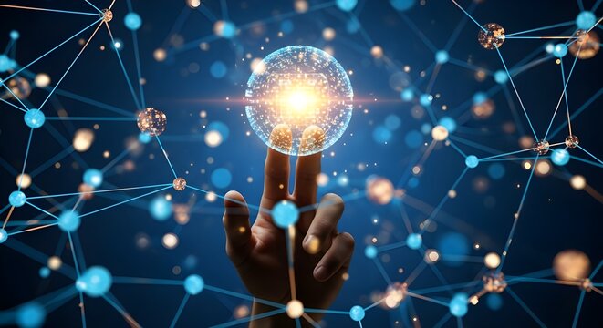 Mano de mujer tocando el universo metaverso, transformaci&oacute;n digital conceptual para la era tecnol&oacute;gica de pr&oacute;xima generaci&oacute;n.
