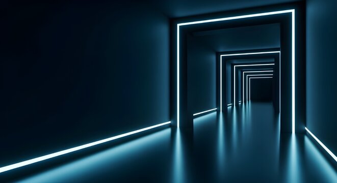 Interior de estudio de ne&oacute;n degradado azul oscuro con suelo y pared luminosos, sala futurista vac&iacute;a ideal para exhibici&oacute;n de productos, escaparate de autom&oacute;viles o motocicletas, tecnolog&iacute;a moderna y m