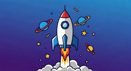 Colorful cartoon rocket launch with planets and stars against a blue sky