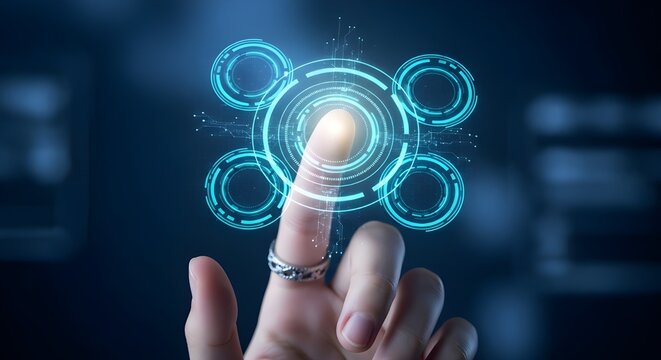 Mano toque la interfaz digital hud fondo de tecnología futurista de la pantalla de la computadora virtual pantalla ui concepto futuro o holograma de comunicación cibernética y sistema de Internet de i