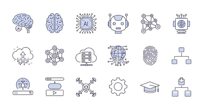 Conjunto de iconos web de inteligencia artificial en estilo de línea.
 Iconos de tecnología AI para aplicaciones web y móviles.
 Aprendizaje automático, tecnología de IA digital, algoritmo, robótica i
