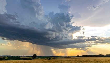 Dramatic storm clouds gather over a golden wheat field during sunset with sun rays breaking through the heavy rain.