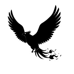 Vector silhouette of a flying phoenix with outstretched wings and a decorative fiery tail. Suitable for logos, tattoos, fantasy designs, mythology, and elegant graphic elements.