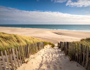 Sandy Beach Path with Wooden Fence under Blue Sky