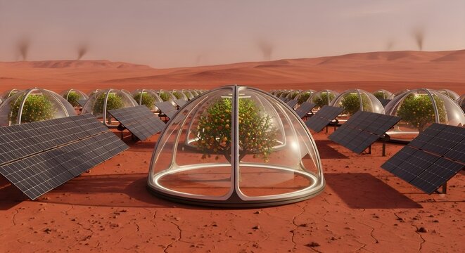 Futuristic Martian Solar Orchard with Geodesic Domes and Solar Panels