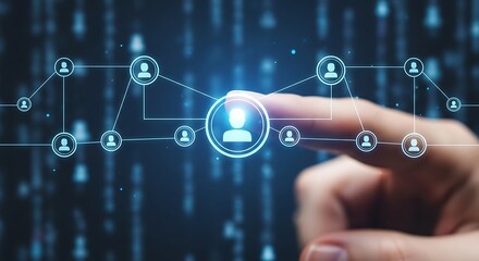 Finger touching digital interface displaying network of connected people representing social connections and communication in modern technology era.
