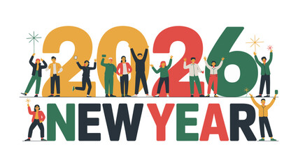 New Year's Celebration 2026: The anticipation of new beginnings in a vibrant new year. A cheerful and diverse group of individuals comes together to welcome the year 2026.