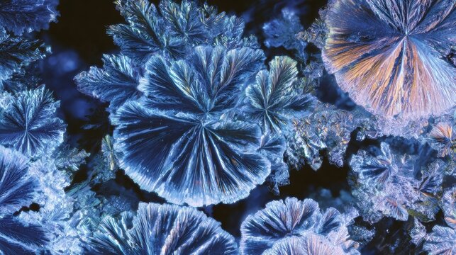 Close up macro photoshoot of intricate blue and irisdescent crystal formations resembling frost patterns with radial fan-shaped structures and shimmering textures