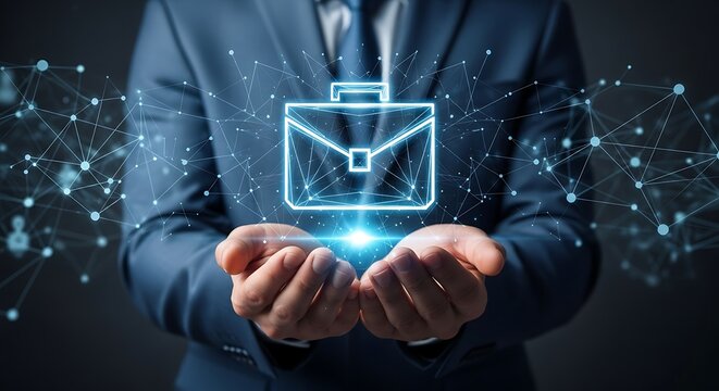 Businessman presents glowing briefcase symbol in his hands, representing career opportunity and professional success in a modern, technological setting. - Powered by Adobe