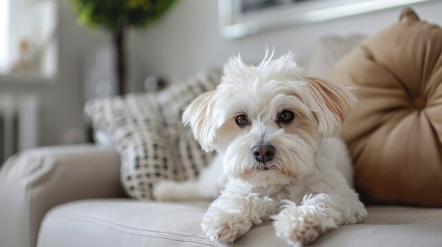 puppy with white fluffy fur resting on white soft chair indoor, wall painting, wall clock, green tree vase.