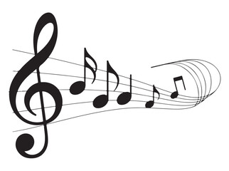 Musical notes vector illustration flowing on staff lines isolated on white background for music design and decoration