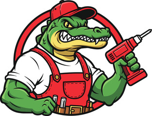Aggressive Alligator Mascot Cartoon Handyman Character, Holding a Power Drill Tool, Wearing Overalls and Cap for Repair and Construction Logo.
