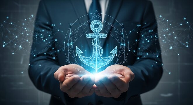 Businessman presents glowing digital anchor in his hands, symbolizing stability and security in the modern business world, conveying trust and reliability.