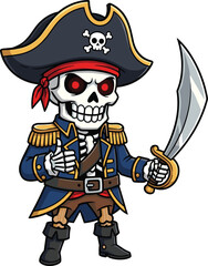 Angry Skeleton Pirate Captain Mascot Cartoon Character, Holding a Cutlass Sword, Ready for Action with Evil Red Eyes, Spooky Halloween Design.