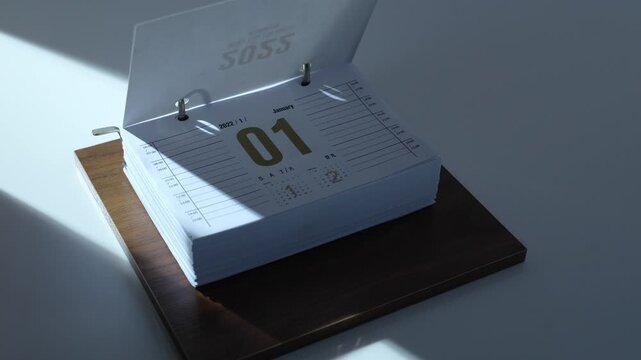 Daily Calendar with Sunshine Light Streaming Across January 3rd Date on Wooden Desk