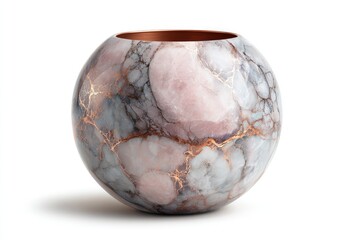 Spherical, rosy-grey stone vase with copper accents