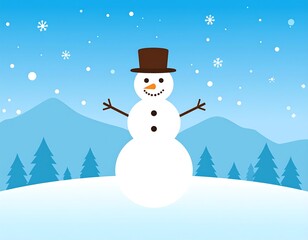 Animated snowman with hat standing in a snowy winter landscape