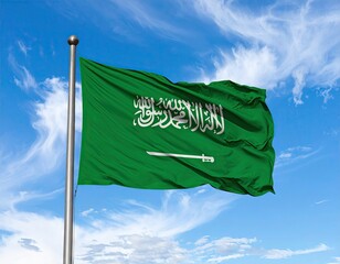 Saudi Arabian Flag Waving Against a Blue Sky