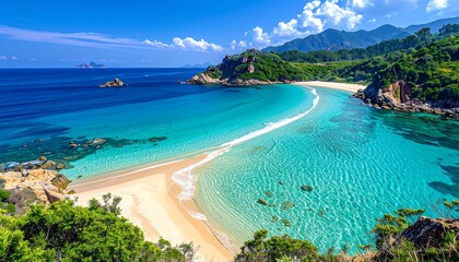 Aerial view captures a secluded sandy beach embracing azure waters, mountains, and cliffs under a bright sky